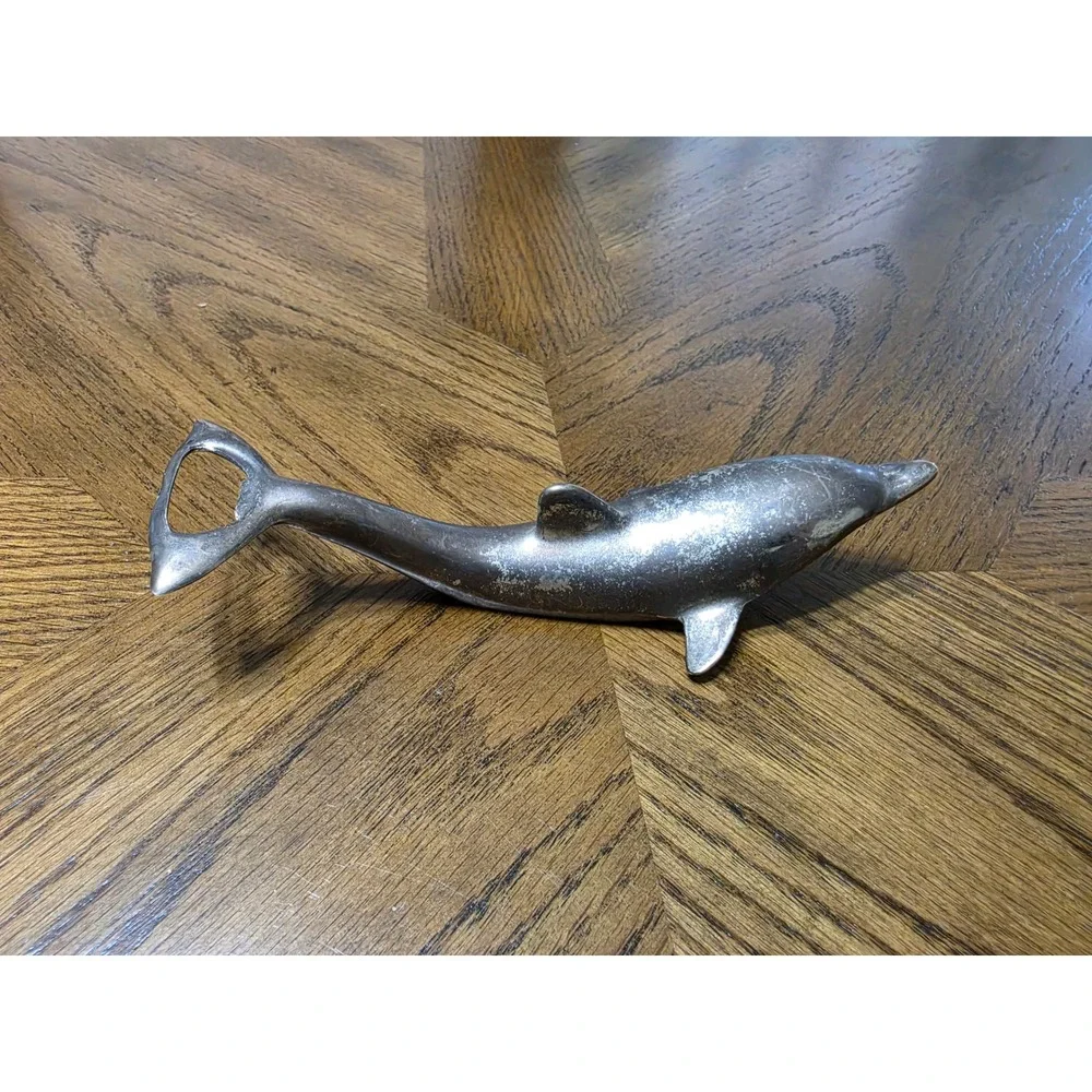 Vintage Silver Tone Dolphin Bottle Opener Nautical Barware Paperweight 7.5 Inch